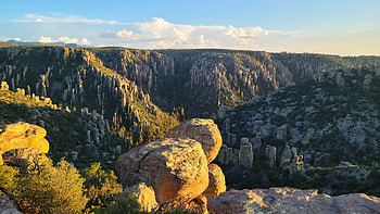 The pinnacles of Chiricahua National Monument at sunset, Arizona, sky, rocks, landscape, trees, clouds, usa HD wallpaper