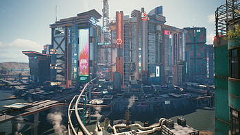 Night City view during the day, neon, skyscraper, landscape, Night City (Cyberpunk 2077), cyberpunk, video game, Cyberpunk 2077 HD wallpaper