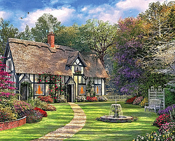 Day in the Garden, way, trees, flowers, house, clouds HD wallpaper