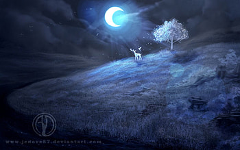 Moonlight child, night, magic, art, , dark, darkness, moon, fantasy, abstract, field, deer, enchanted HD wallpaper