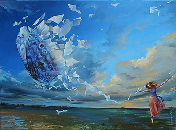Butterfly fantasy, pink dress, pieces, butterfly, clouds, flight, girl HD wallpaper