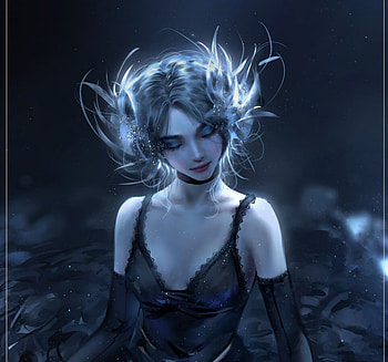 Swan by NIXEU, blue, black, fantasy, art, nixeu, swan, girl, luminos HD wallpaper
