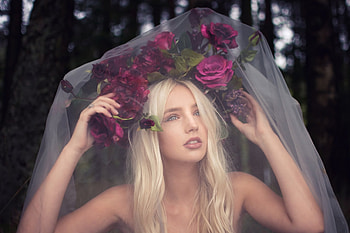 Bride, white, model, blonde, veil, girl, woman, rose, pink, flower HD wallpaper