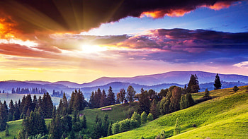 spectacular sky over mountains, clouds, trees, sun beams, sky, mountains HD wallpaper