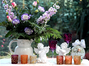 Flowers, Angels, Bouquet, Jug, Glasses, Lisianthus Russell, Lisiantus Russell, Levkoy, Gillyflower, Goblets HD wallpaper