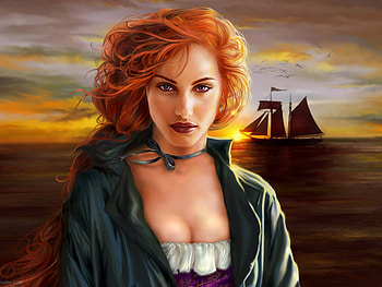 Sea Maiden, sea, boat, shore, ship, waiting, red hair, woman, beauty HD wallpaper