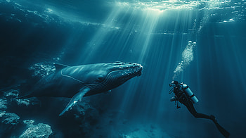 Majestic Encounter: Diver Meets Whale in Stunning Underwater Scene, whale, diver HD wallpaper