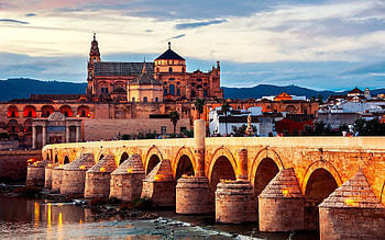 Great Mosque of Cordoba, Roman bridge, Guadalquivir river, Cordoba sunset HD wallpaper