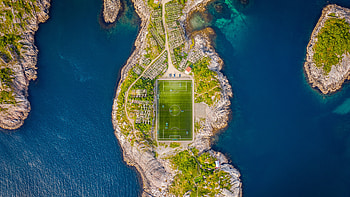 Henningsvær Stadion, Lofoten Islands, Norway, Norway, aerial, Lofoten, stadium, Sports HD wallpaper