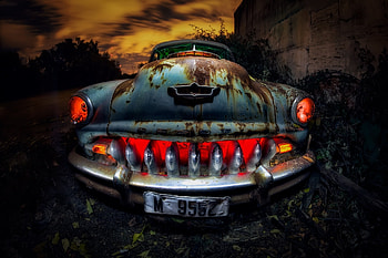 Wreck, classic car, glow HD wallpaper