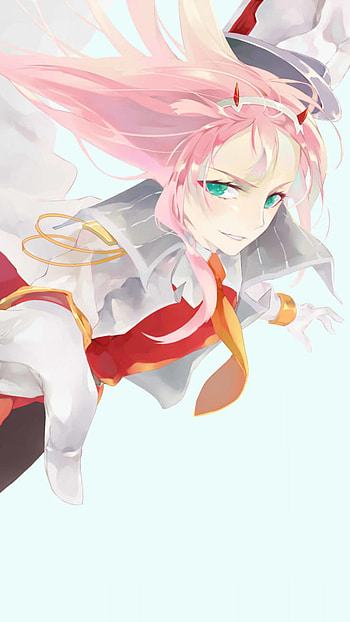 Zero Two, pink hair, green eyes, uniform, Zero Two (Darling in the FranXX), horns, long hair, Anime, Darling in the FranXX HD phone wallpaper