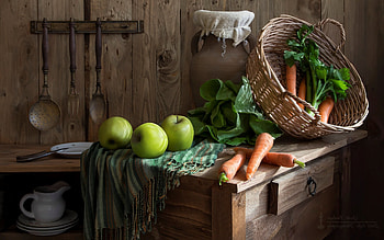 Kitchen Still Life, wooden, still life, kitchen, apples, carrots HD wallpaper