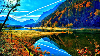 Mountain River in Autumn, river, Fall, Autumn, mountain, reflection, fence, clouds, trees, sky, mountains, water HD wallpaper