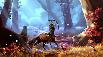 Centaur, blue, horse, woods, art, man, archer, roiuky, tree, pink, fantasy, flower, yellow, luminos, creature, forest HD wallpaper