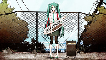 Hatsune Miku, skirt, blue hair, vocaloid, long hair, tree, tie, anime girl, sad, piano HD wallpaper