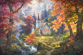 Chapel of Hope, art, abraham hunter, orange, tree, painting, red, pictura, autumn, water HD wallpaper