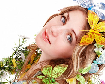 Pretty face, face, flowers, butterfly, woman HD wallpaper