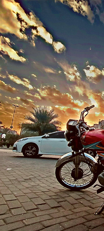 Bike, sky, car, nature, tree, creative HD phone wallpaper