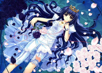 Nishimata Aoi, girl, long hair, dress, crown, anime, petals, flowers, water, floating, female HD wallpaper