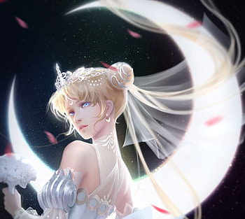 Princess Serenity, serenity, night, black, bouquet, white, art, girl, fantasy, moon, anime, sailor moon, luna, bride, jinyuan liu, manga HD wallpaper