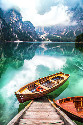 Pier, boat, lake, mountains, nature HD phone wallpaper