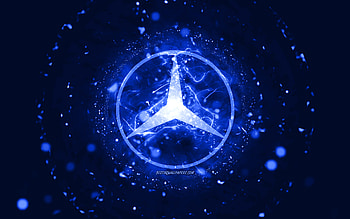 Mercedes-Benz dark blue logo, , dark blue neon lights, creative, dark blue abstract background, Mercedes-Benz logo, cars brands, Mercedes-Benz HD wallpaper
