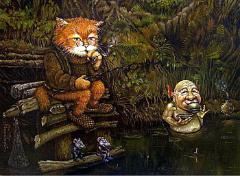 A. Maskaev. Fishing., painting, art, cat, fish, a maskaev, pond HD wallpaper