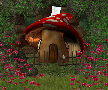 ✰Red Mushroom House✰, colors, beautiful, premade BG, grass, mushroom, rocks, creative pre-made, love four seasons, door, pretty, trees, nature, flowers, lovely, chic HD wallpaper
