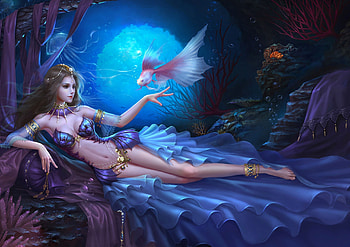 Lady of the Sea, art, fantasy, , beautiful, sirene, seemaiden, blue, girl, woman, digital, fish HD wallpaper