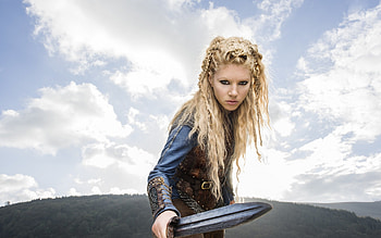 Katheryn Winnick as Lagertha, sword, blonde, Katheryn Winnick, girl, actress, vikings, woman, tv series, sky, Lagertha, cloud HD wallpaper