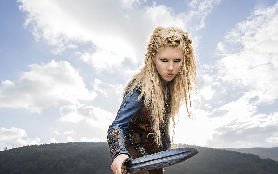 Katheryn Winnick as Lagertha, sword, blonde, Katheryn Winnick, girl, actress, vikings, woman, tv series, sky, Lagertha, cloud HD wallpaper