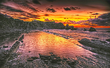 Doom Day, island, reflection, house, sky, sunset, beauty, rock HD wallpaper