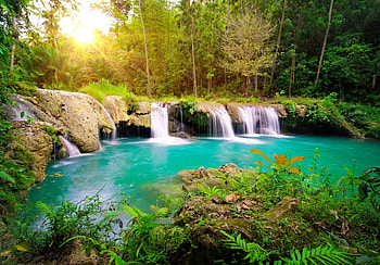 Cambugahay falls, falls, sunlight, exotic, deep, beautiful, lake, emerald, National park, waterfall, Phillippines, forest HD wallpaper