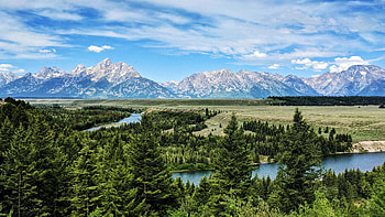 Oxbow Bend at Grand Teton NP, trees, landscape, clouds, sky, snake river, mountains, usa, wyoming HD wallpaper