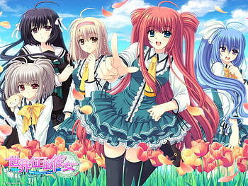 anime, clouds, garden, sky, girls, flowers, manga HD wallpaper