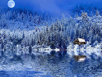 Like a house of tales, night, winter, frozen, tales, house, cold, like, lake, reflection, moon, snow, trees, nature, water, evening HD wallpaper