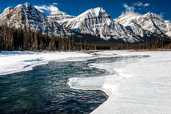 Snow, Alberta, Canada, Mountains, , Mountain, Forest, Ice, Landscape, Nature, River, Winter HD wallpaper