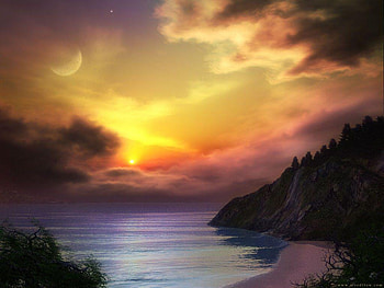 Sunset on the beach, pretty, moon, clouds, sky, sun, water, sunset, beach, forestry HD wallpaper