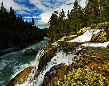 Falls, forests, nature, rocks HD wallpaper