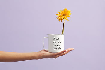 Hand holding a mug with a sunflower and motivational quote, set against a purple background. HD wallpaper