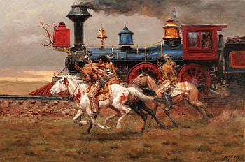 Race, blue, horse, andy thomas, art, man, spotted tails, train, indian, band races, pictura, paintign, red, the union pacific HD wallpaper