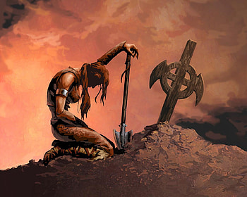 Prayer for the Departed, fantasy, cross, shovel, bowed, warrior, female HD wallpaper