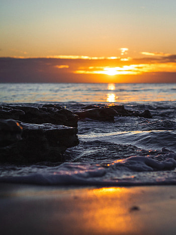 Nature, Sunset, Stones, Sea, Rocks, Glare HD phone wallpaper