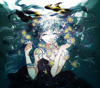 Hatsune Miku, flowers, underwater, art HD wallpaper