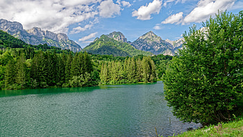 Landscape, Trees, Bushes, Green, Leaves, Branches, Mountains, River, Water, Reflection, Grass, Forest, Nature, Scenery, Mountains, Blue, Sky, Clouds, Nature HD wallpaper