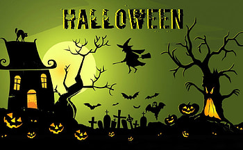 Happy Halloween, black cat, cemetery, full moon, black, witch, pumpkins, ghost, moon, jack o lanterns, trees, Halloween, bats, tombstones, house, cat, graves, green, graveyard HD wallpaper