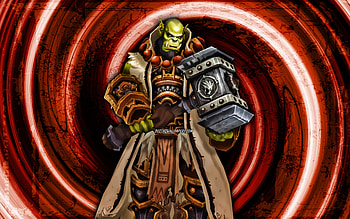 Thrall, orange grunge background, World of Warcraft, Son of Durotan, WoW, monstr, vortex, World of Warcraft Shadowlands, Thrall World of Warcraft HD wallpaper