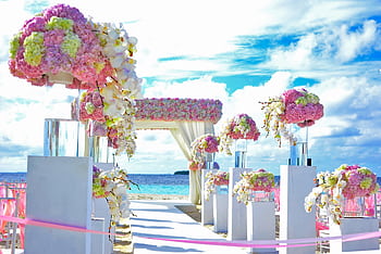 Beautifully decorated beach wedding setup with vibrant flower arrangements by the sea. HD wallpaper