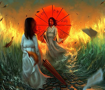Holding back the flood, japanese, umbrella, girls, flood HD wallpaper
