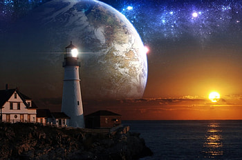 Fantasy Lighthouse, sea, artwork, painting, planet, sun, sunset HD wallpaper